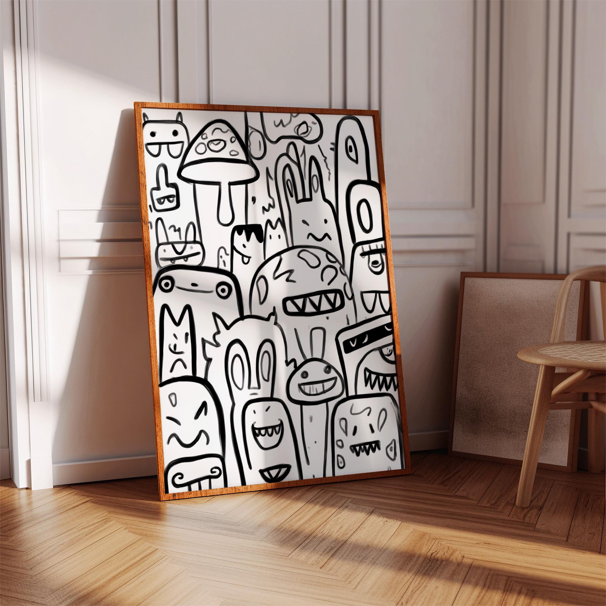 Black and White Doodle Art Print, Cartoon Monster Wall Art, Modern