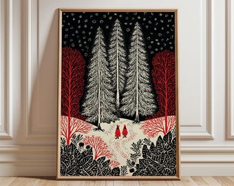 Pode incluir: Uma impressão de arte emoldurada com uma cena florestal estilizada. A obra de arte retrata árvores altas e brancas contra um céu negro estrelado, com árvores e folhagens vermelhas emoldurando um caminho onde duas figuras de casacos vermelhos caminham. A impressão está em uma moldura de madeira.