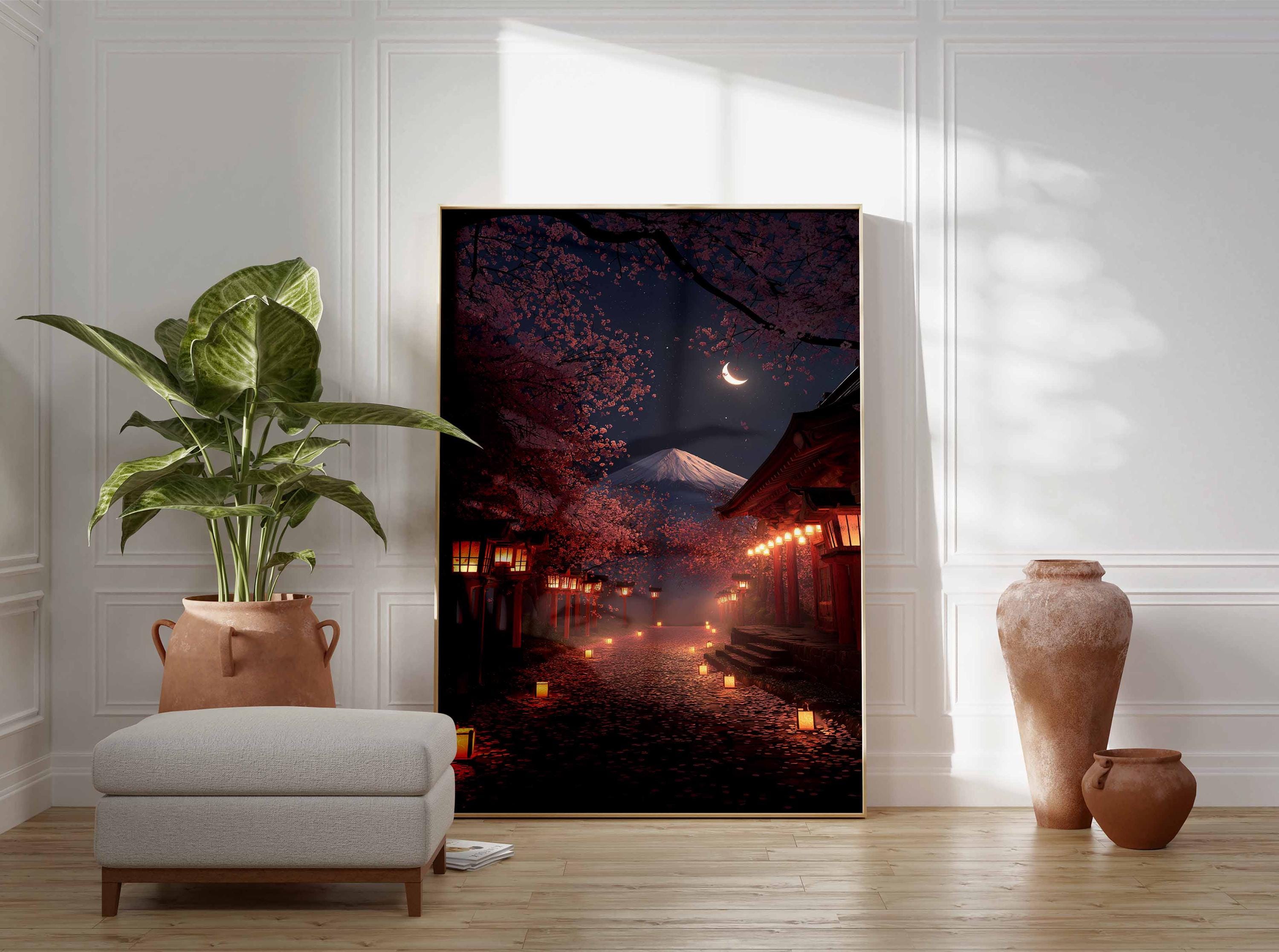 Mt. Fuji Night Print, Japanese Lantern Path Poster, Cherry Blossom