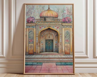 Indian Palace Watercolor Print, Mughal Architecture Art, Traditional Ethnic Home Decor, Intricate Floral Poster
