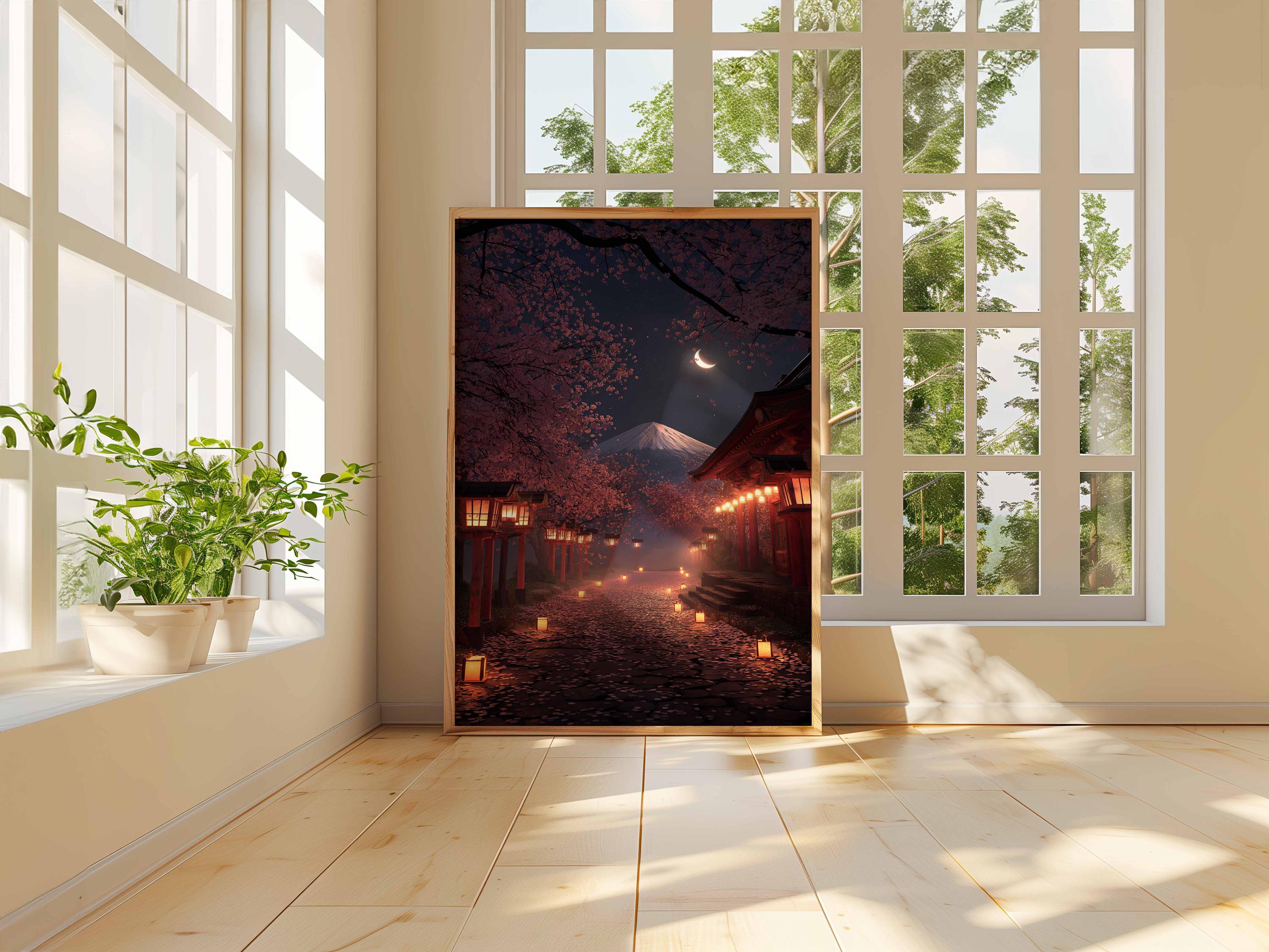 Mt. Fuji Night Print, Japanese Lantern Path Poster, Cherry Blossom