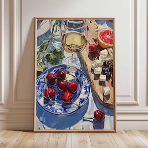 Arte mural de cerezas, póster de vino y queso, impresión rústica para cocina, bodegón de comedor, decoración de comida mediterránea, arte mural de estilo rústico.