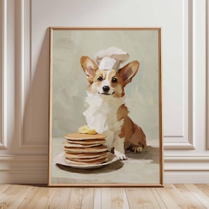 Corgi Chef Pancake Poster – Cute Dog Kitchen Wall Art Print, Funny Breakfast Animal Decor, Whimsical Food Illustration for Home