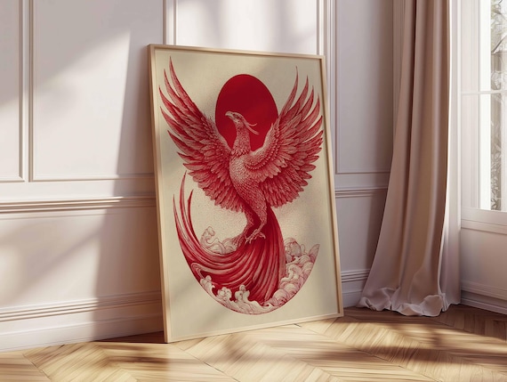Red Phoenix Poster, Japanese Inspired Mythical Bird Wall Art