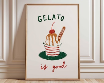 Gelato Poster, Retro Kitchen Wall Art, Italian Ice Cream Print, Vintage Dessert Illustration, Playful Cafe Decor Poster