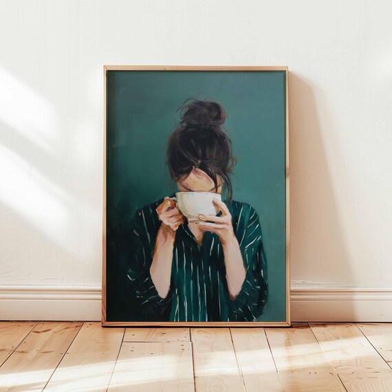 Moody Coffee Woman Poster, Dark Teal Wall Art, Cozy Figurative Portrait Print, Introspective Modern Decor, Morning Ritual Art Unframed