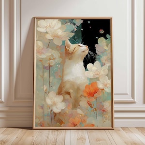 Cat and Flowers Wall Art, Whimsical Cat Poster, Floral Animal Print, Nature Inspired Cat Lover Gift, Cottagecore Home Decor