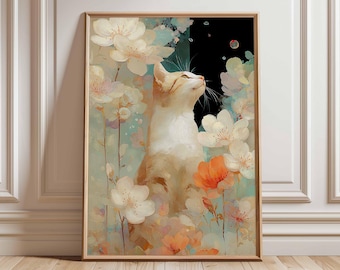 Katze und Blumen Wandbild, wunderliches Katzen Poster, Blumentier-Tierdruck, Natur inspiriertes Katzenliebhaber Geschenk, Cottagecore Wohnkultur