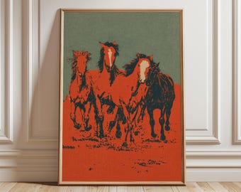 Póster de arte mural de caballos salvajes, lámina de Mustang estilo western vintage, ilustración de caballos corriendo por el desierto