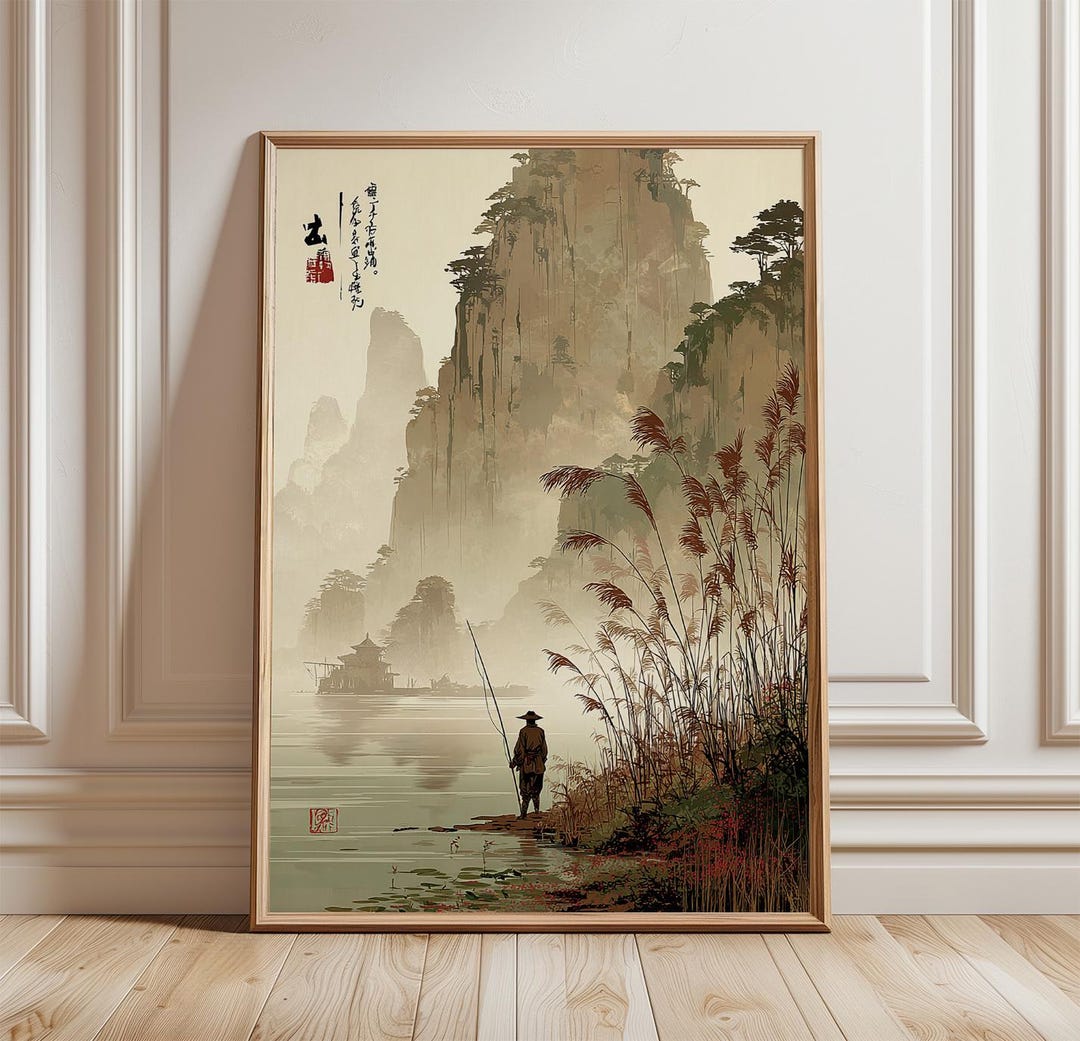 Misty River Fisherman Poster Print | Japanese Landscape Wall Art ...