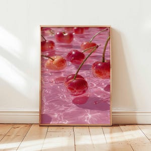 Cherry Fruit Art Print, Pink Aesthetic Wall Poster, Summer Pop Art Decor, Glossy Cherry Water Artwork, Digital Food Art for Kitchen