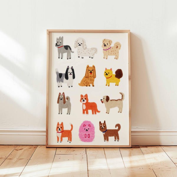 Póster de razas de perros adorables: impresión colorida de cachorros de dibujos animados para habitación infantil o guardería, arte mural de perros caprichoso para amantes de las mascotas (sin marco)