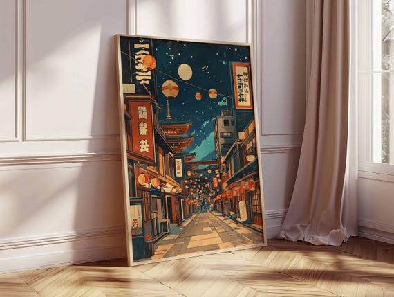 Japanese Lantern Street Poster, Vintage Japan Night Market Wall