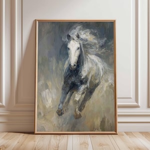 Running Horse Wall Art Print, Impressionist Equestrian Painting, Dynamic White Horse Poster, Modern Western Home Decor, Horse Lover Gift