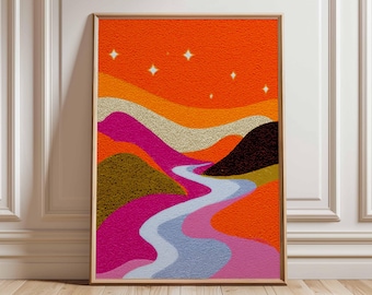 Póster de paisaje retro, arte mural abstracto colorido, estampado psicodélico de río, decoración bohemia vibrante, póster de estilo moderno de mediados de siglo.