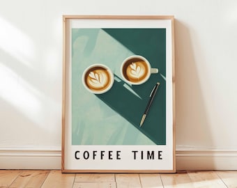 Coffee Time Poster Print, Retro Cafe Wall Art, Latte Art Kitchen Decor, Minimalist Coffee Bar Artwork, Unframed Mid Century Style