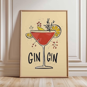 Gin Cocktail Poster Print – Retro Bar Wall Art, Fun Drink Illustration with Lemon and Herbs, Modern Kitchen and Home Bar Decor