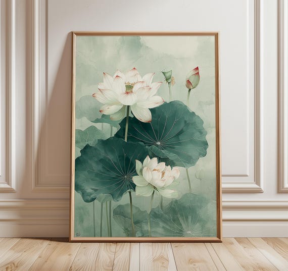Lotus Flower Wall Art Print, Minimal Botanical Painting, Asian Zen Decor, Green Nature Illustration, Elegant Floral Artwork for Home