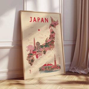 May include: A framed poster featuring a map of Japan with illustrations of landmarks and cherry blossoms. The word "JAPAN" is printed in red at the top. The artwork is in a vintage style, with a beige background and a wooden frame.