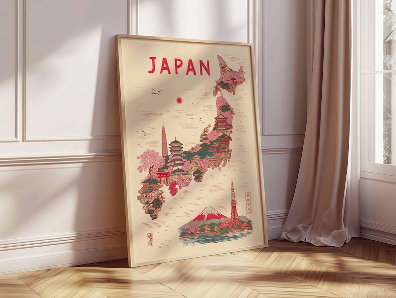 May include: A framed poster featuring a map of Japan with illustrations of landmarks and cherry blossoms. The word "JAPAN" is printed in red at the top. The artwork is in a vintage style, with a beige background and a wooden frame.