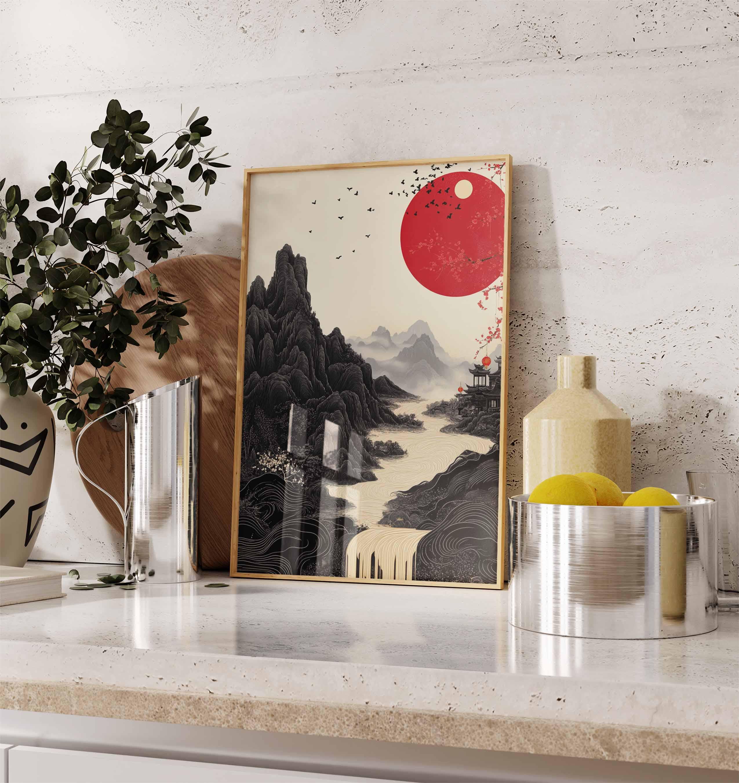 Red Sun Japanese Landscape Wall Art, Minimalist Oriental Mountain