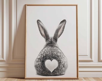 Bunny Poster Cute Rabbit Wall Art, Black and White Animal Print with Heart, Nursery Decor Bunny Butt Illustration Gift
