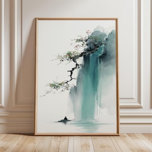 Könnte beinhalten: Ein gerahmtes Aquarellgemälde, das eine ruhige Wasserfallszene darstellt. Das Kunstwerk zeigt einen türkisfarbenen Wasserfall, eine Silhouette und einen blühenden Ast. Das Gemälde ist in einem Holzrahmen gefasst.