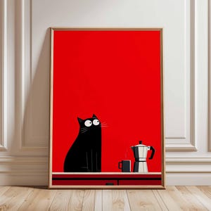 Svart kattkaffeposter, röd köksväggkonst, rolig minimalistisk katttryck, dekoration för Moka-kannakaffeälskare, söt kattillustration, gåva