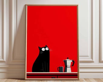 Plakat z kawą z czarnym kotem, czerwona sztuka ścienna do kuchni, zabawny minimalistyczny nadruk z kotem, dekoracja dla miłośników kawy w ekspresie kawowym, słodki prezent z ilustracją kota