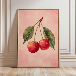 Cherry Wall Art – Vintage Botanical Fruit Print, Pink Kitchen Decor, Retro Cherry Poster, Unframed Art