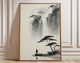 Japanische Tusche Landschaft Kunstdruck, Zen Wasserfall Malerei, Minimal Schwarz Weiß Wandkunst, Asiatische Pinselmalerei, Gelassene Natur Dekor