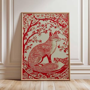 Red Fox Art Print, Cherry Blossom Fox Poster, Japanese Woodcut Style Wall Art, Floral Animal Illustration, Folk Art Fox Decor