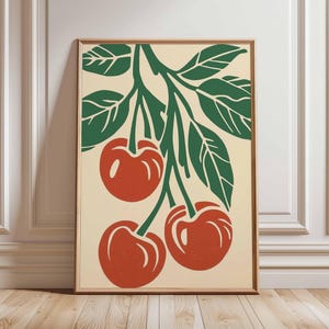 Cherry Kitchen Art Print, Rustic Fruit Wall Decor, Red Cherry Illustration, Vintage Farmhouse Kitchen Poster, Unframed Bold Print