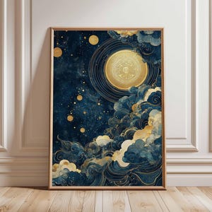 Goldener Mond Wolke Poster, Abstrakte Kunst des Nachthimmels, Blau und Gold himmlische Landschaft, Sternenhimmel Wanddekoration, Mondlicht Kunst