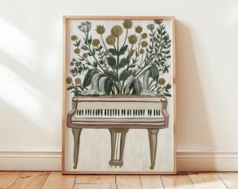 Floral Piano Poster, Folk Botanical Art, Paper Print
