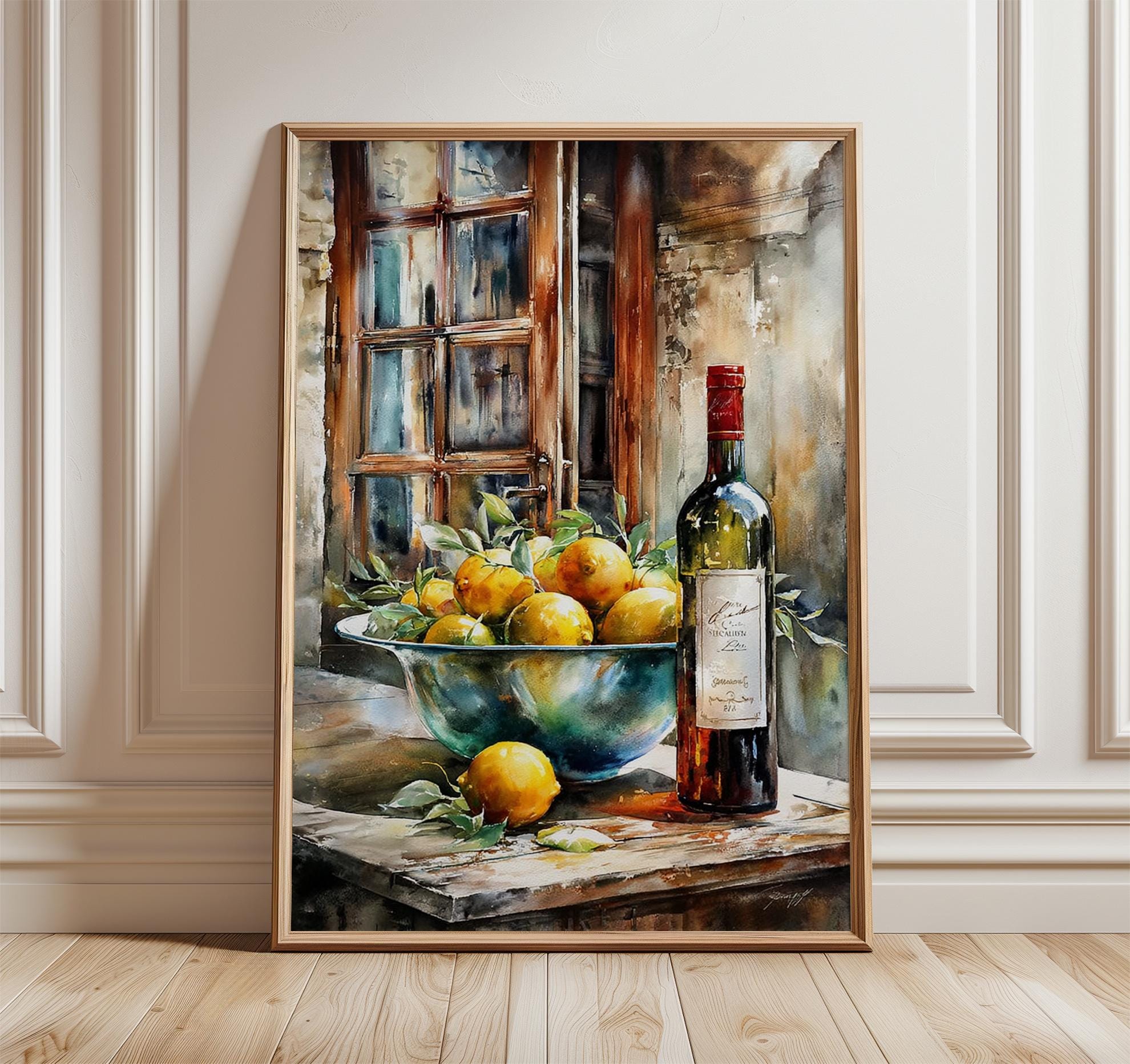 RECENT STILL LIFE ポスター Kitchen Still Life Poster, Lemons and Wine Print, Rustic Window