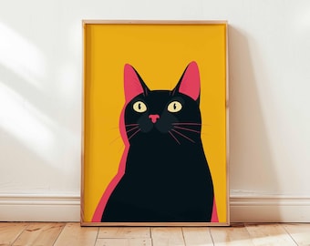 黒猫のポップアートポスター、大胆な黄色の壁掛けプリント、ミニマリストな猫のイラスト装飾、モダンなペット愛好家へのギフト、ファンキーでカラフルなアート（フレームなし）