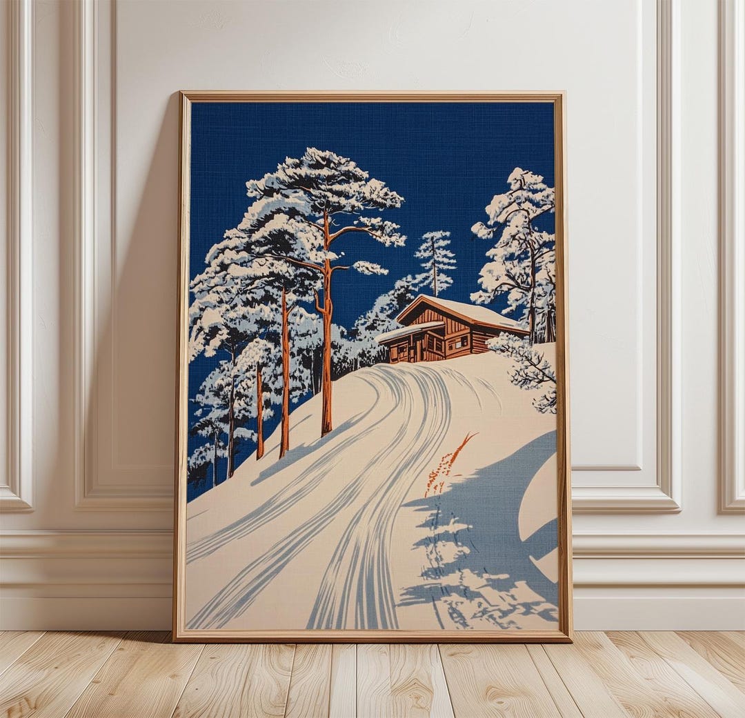 Snowy Mountain Cabin Poster Print | Vintage Winter Landscape Art | Ski ...