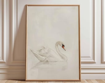 Impressão artística elegante de cisne, arte de parede minimalista de animais, pôster de pássaro branco, decoração de natureza serena para quarto ou sala de estar