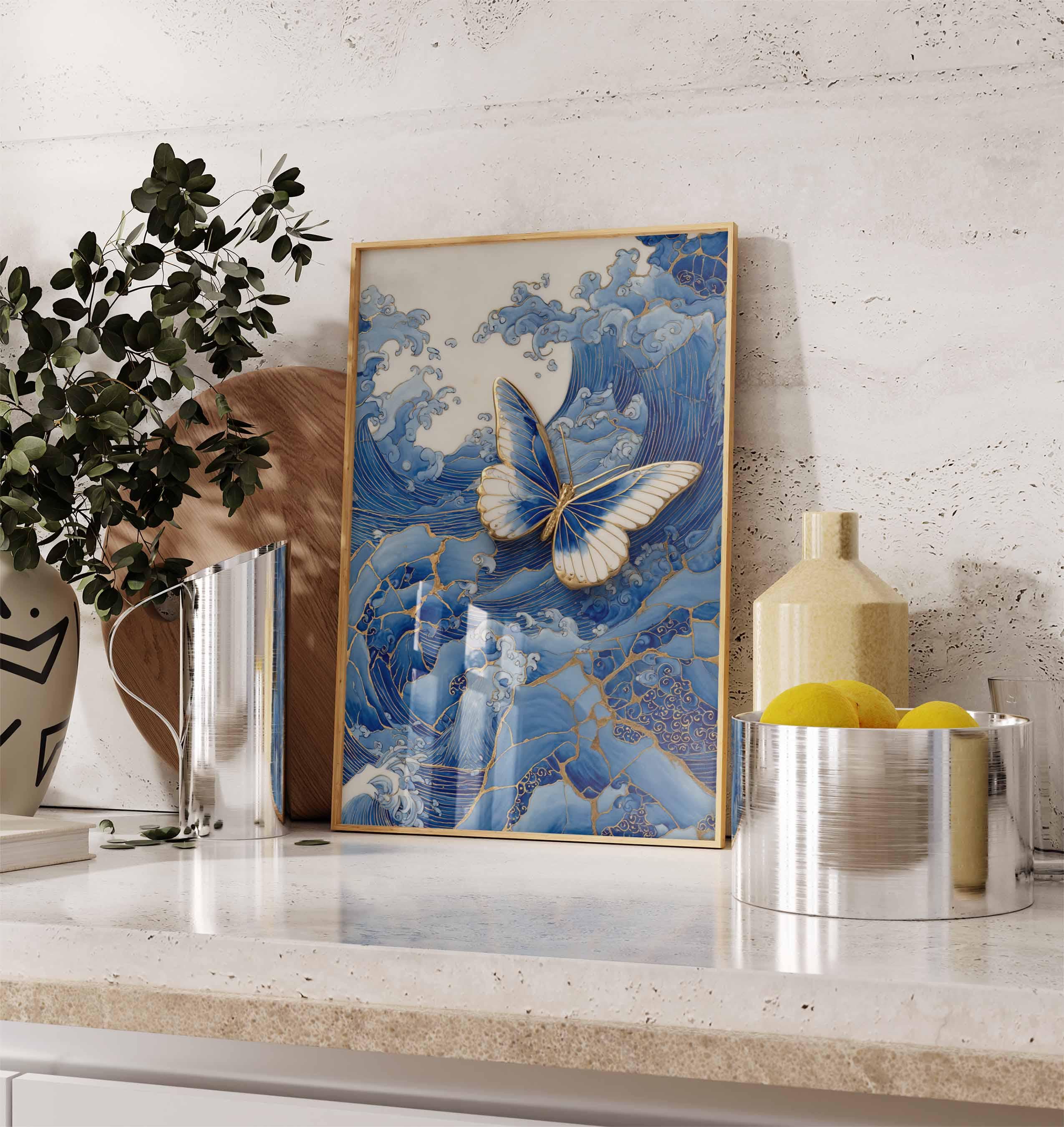 DMD Teetee Por North Otto Wave 直筆サインポスター Butterfly and Ocean Waves Poster – Japanese Wave Kintsugi Wall Art