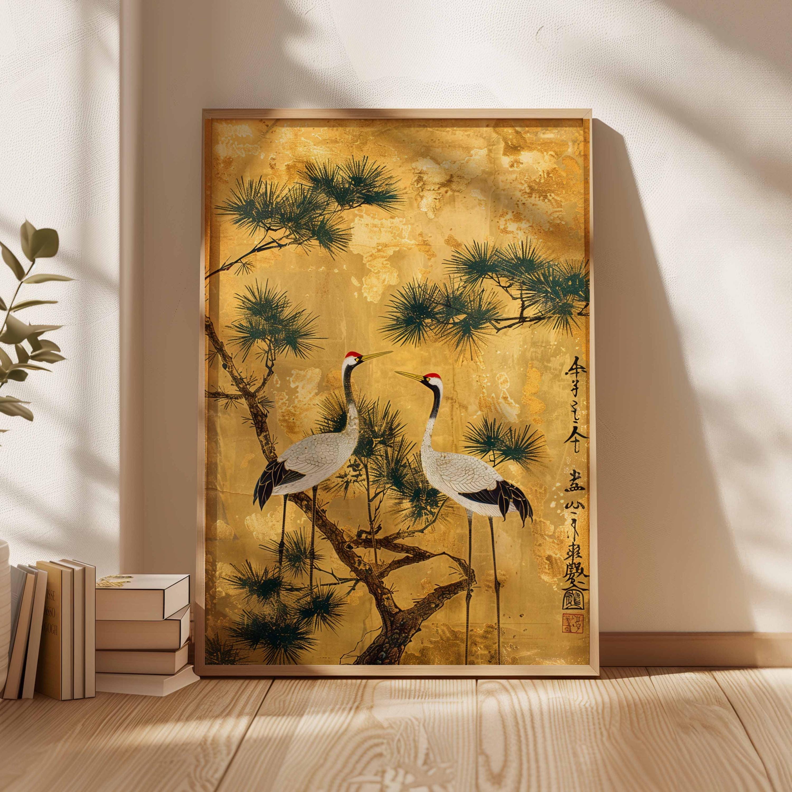 日本の鶴のウォールアート、金箔風の東洋ポスター、松の木の鳥の
