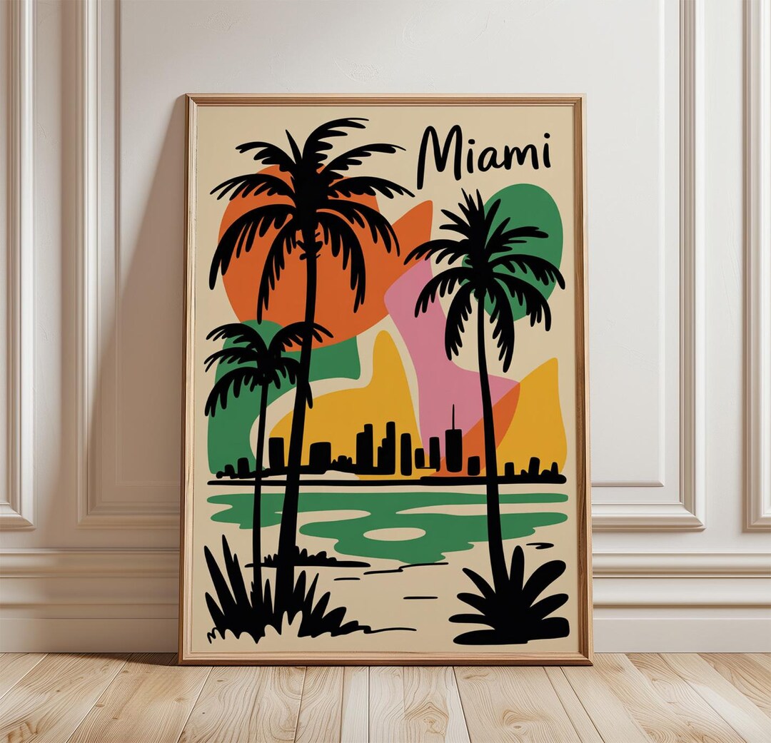 Miami Tree Posters Examples Miami Travel Poster | Palm Tree Skyline Wall Art | Colourful Coastal ...