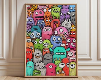 Colorful Monster Wall Art Print, Cute Cartoon Character Poster, Fun Doodle Illustration, Playful Pop Art Decor for Kids Room or Studio