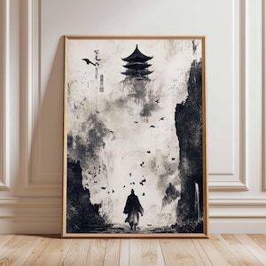 Poster di arte cinese a inchiostro – Scena di tempio di montagna in bianco e nero – Arte murale asiatica, stampa di paesaggio, arredamento tradizionale orientale