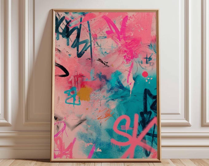 Graffiti Style Wall Art Poster, Pink and Teal Abstract Urban Print, Unframed Street Art for Bedroom, Office or Modern Loft Decor