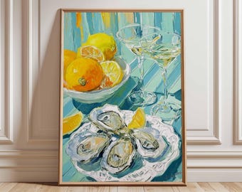 Oyster Wall Art, Citrus Kitchen Poster, Martini Cocktail Print, Rustic Dining Room Decor, Coastal Bar Artwork, Seaside Nautical Wall Art