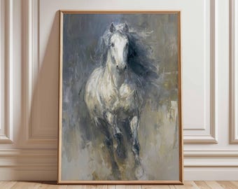 Running Horse Wall Art Print, Impressionist Equestrian Painting, Dynamic White Horse Poster, Modern Western Home Decor, Horse Lover Gift
