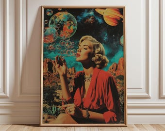 Retro Space Art Poster, Vintage Surreal Collage Print, Cosmic Pop Art Wall Decor