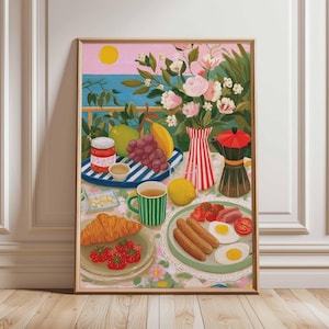 Impresión de arte mural de bodegón de desayuno: póster colorido para cocina, ilustración gastronómica moderna, decoración vibrante para el comedor, ilustraciones de frutas y café