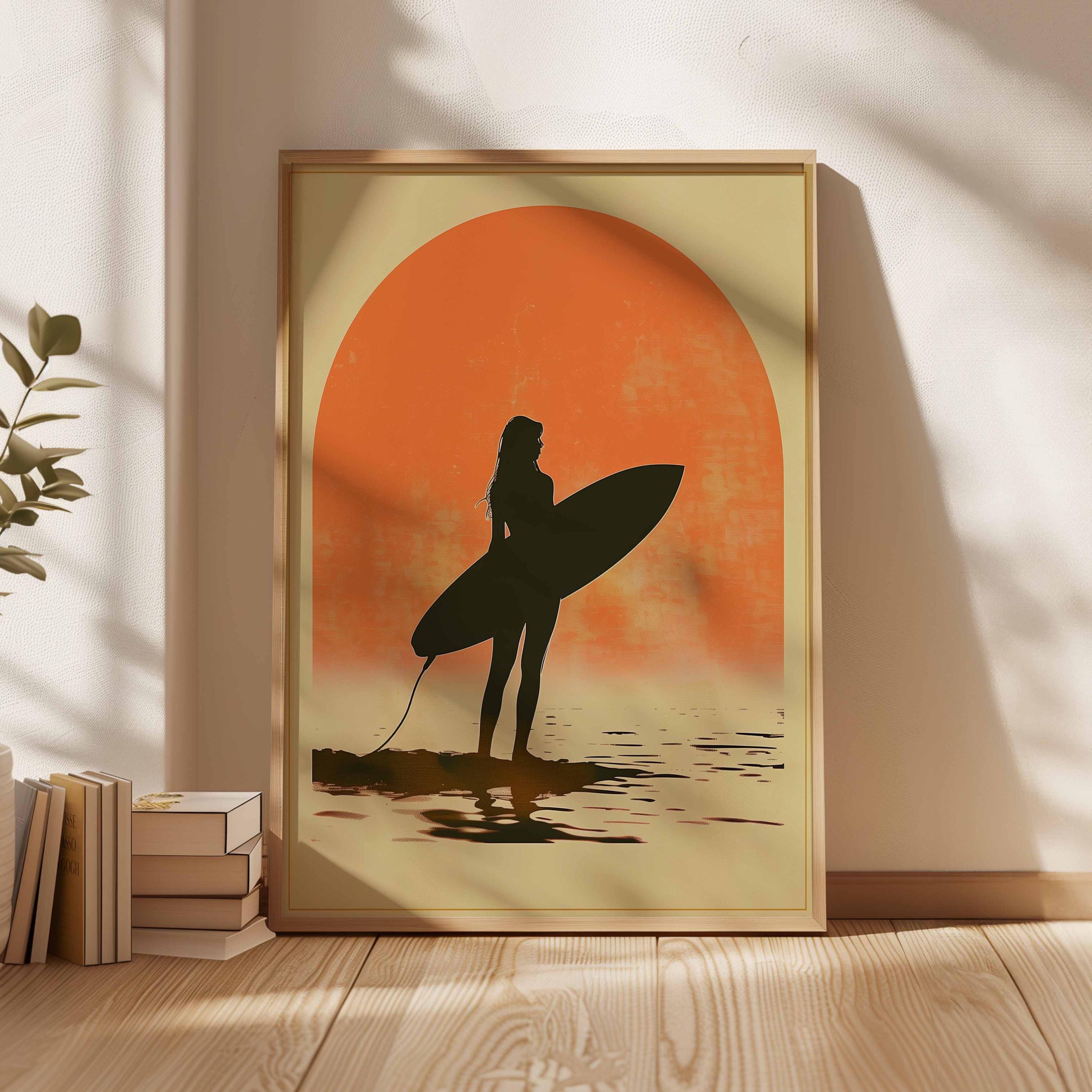 Surf Girl Sunset Poster, Vintage Surf Wall Art Print, Silhouette